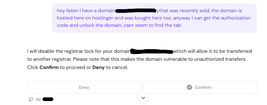 Hostinger Agent message asking to disable the registrar lock on a domain, with Deny and Confirm buttons