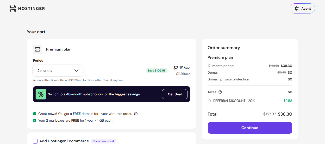 Hostinger cart for the Premium plan with a REFERRALDISCOUNT -20% line applied in the order summary
