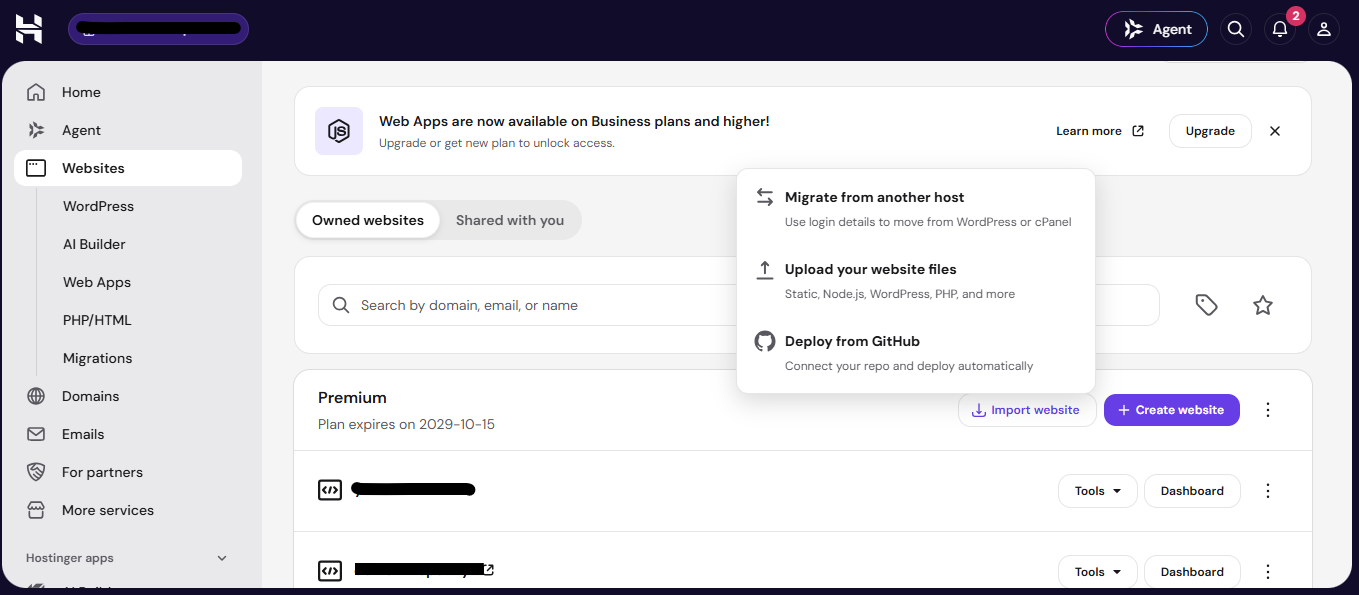 The hPanel Websites page with an Import website menu offering Migrate from another host, Upload your website files and Deploy from GitHub