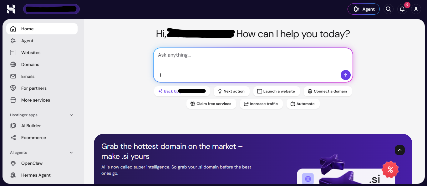 The Hostinger hPanel home screen with a sidebar for Agent, Websites, Domains and Emails, and an Ask anything box with quick actions